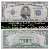 1934C $5 Blue Seal Silver Certificate Grades vf++