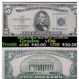 1953A $5 Blue Seal Silver Certificate Grades vf++