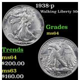 1938-p Walking Liberty 50c Grades Choice Unc