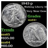 1942-p Walking Liberty 50c Grades Choice+ Unc