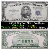 1953 $5 Blue Seal Silver Certificate  Grades AU, A