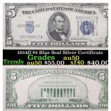 1934D $5 Blue Seal Silver Certificate Grades AU, A
