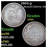 1862-p Seated Liberty 10c Grades xf+