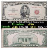 1953 $5 Red Seal United States Note Grades xf