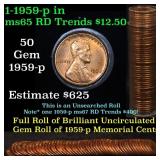 Uncirculated Lincoln 1c roll, 1959-p 50 pcs Grades