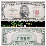 1953A $5 Red Seal United States Note Grades vf++