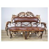 Antler Settee With Tooled Leather Upholstery