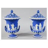 Pair Wedgwood Cobalt Blue Jasperware Urns