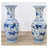 Pair Chinese Blue & White Foo Lion Vases