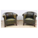 Pair of Green Leather Club Chairs with Ball and...