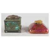 2 Tiffany Style Inkwells Metal Overlay...