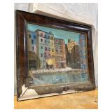 Oil on Canvas Painting of Waterside Scene with Bui