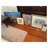 Assorted Pictures and Vintage Stool Bench
