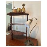 Dresser, Lamp, Vaccuum and Wooden Shelving