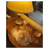 Pink Glass China Collection and Gold Lamp