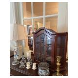 Lamp, Candle Stick Holders, and Display Case