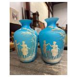 Blue Satin Glass Mary Gregory Vase Set with White