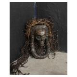 Dark Wood Mask with Raffia Hair from Chokwe Tribe