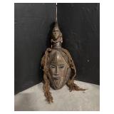 African Tribal Mask with Top Figure & Raffia Hair