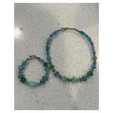Green and Blue Artisan Glass Beaded Necklace and B