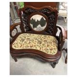 Heavy Carved Wood Sette with Marble Inlay
