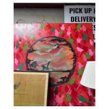 Large Red Artwork with Pink and Green Birds