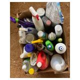 Box of Cleaning Supplies and Fan