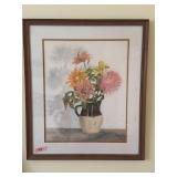 Framed painting of flowers in a pitcher
