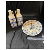 Blue and White Oil and Vinegar Bottles and Clock