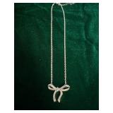 Dainty Silver-tone Rhinestone Bow Pendant Necklace