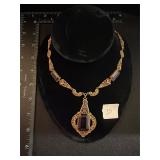 Art Deco brass & glass filigree lavalier necklace