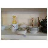 Shelf Lot- Assort. Glassware, Candlesticks, Tea