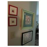Two Framed Quilt Pieces and two Vintage Fruit