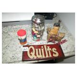 Quilt Sign, Thimbles, Pin Cushion, etc
