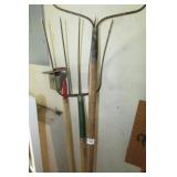 2 Rakes, Garden Hoe, Wooden Handles