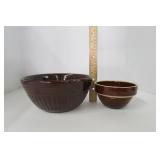 Two Brown Crock Bowls (Large marked USA) (Small