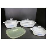 Three Pieces of Cornflower Corning Ware Covered