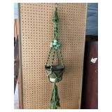 Vintage 1" Green  Macrame Plant Hanger w Vase