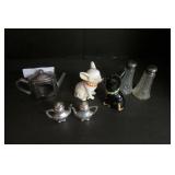 Lot Salt Pepper Shakers, Pewter Napkin Holder, Dog