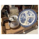 Blue and white plate and teapot