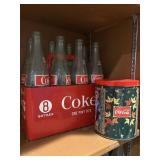 Vtg coca-cola bottles, crate and tin