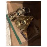 Brass candlestick holders, etc