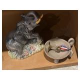 Elephant statue, bowl, etc