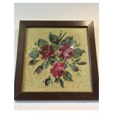 Crewel stitchery floral artwork 22x22