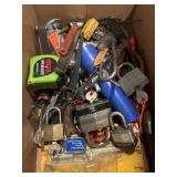 Box lots of tools, several locks with keys, tape