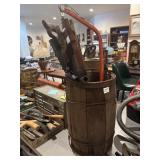Small nail keg (needs work) with saws, etc
