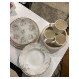 10 piece vintage plates, cups, bowls, some marked