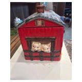 Vintage red barn ceramic cookie jar