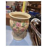 1940s? Large yellow ware vase with floral and