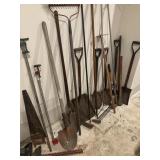 Large lot garden, tools, shovels, rakes, hoes,